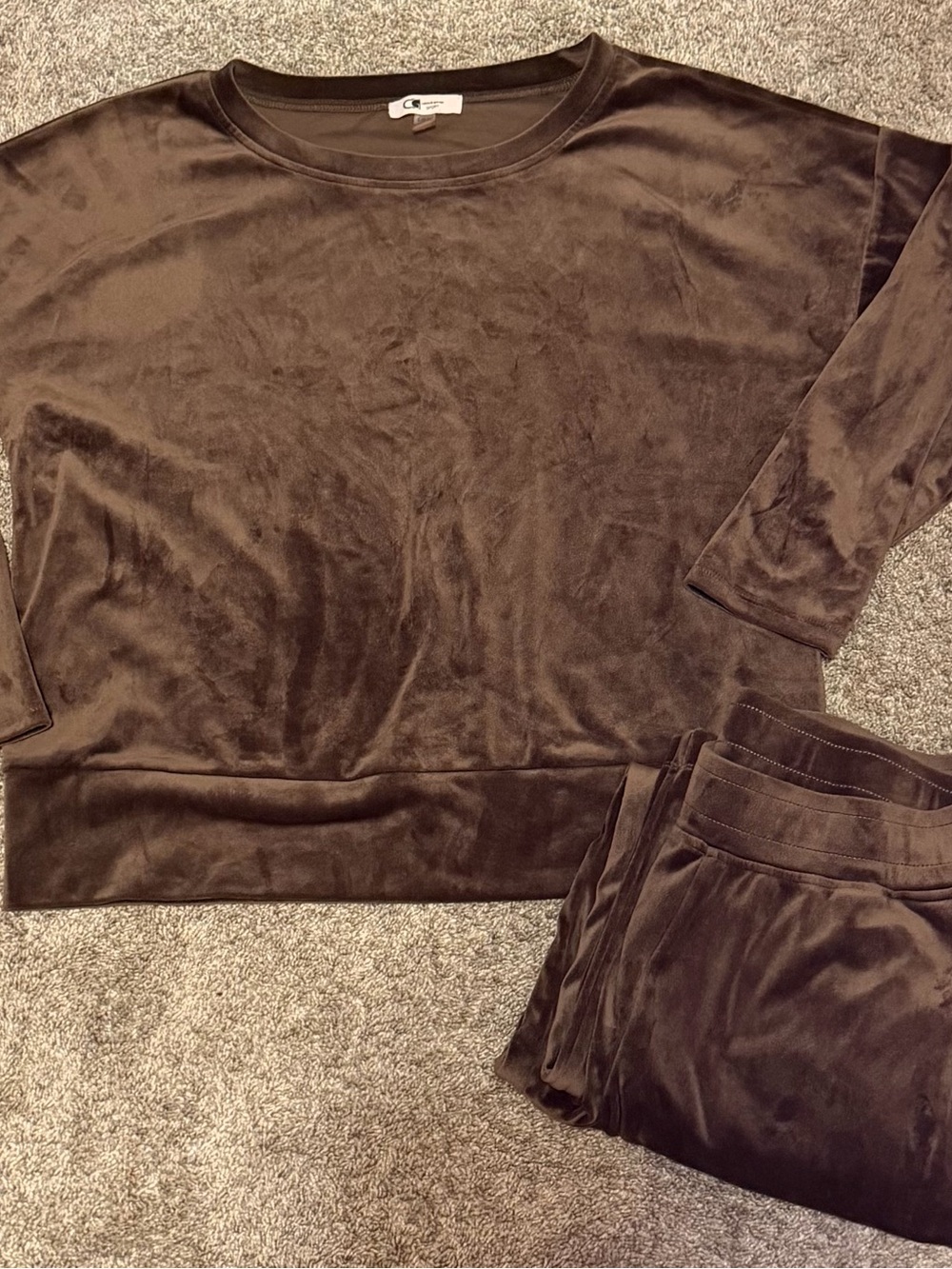 Cable & Gauge Chocolate Brown Velour Lounge Set Crewneck Wide Leg Pants Size L